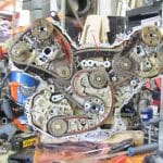 Exposed car engine timing chains and gears
