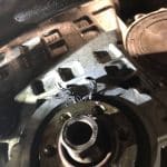 Close-up of internal engine camshaft components