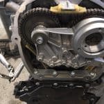 Motorcycle engine timing chain and gears exposed