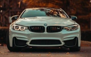 Front view of white BMW sports car