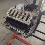 Engine block mounted on workshop engine stand