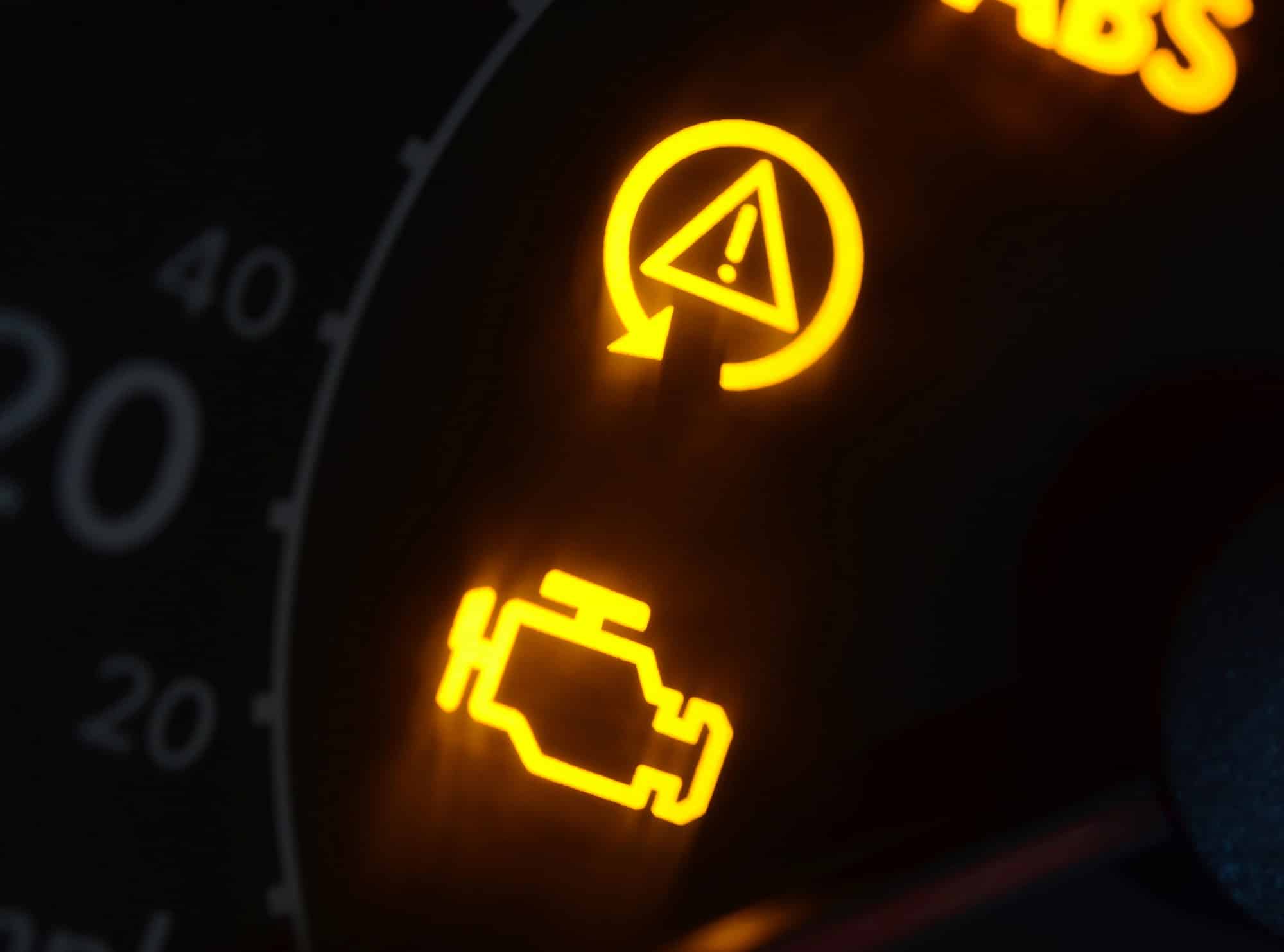 Car dashboard with check engine warning lights illuminated