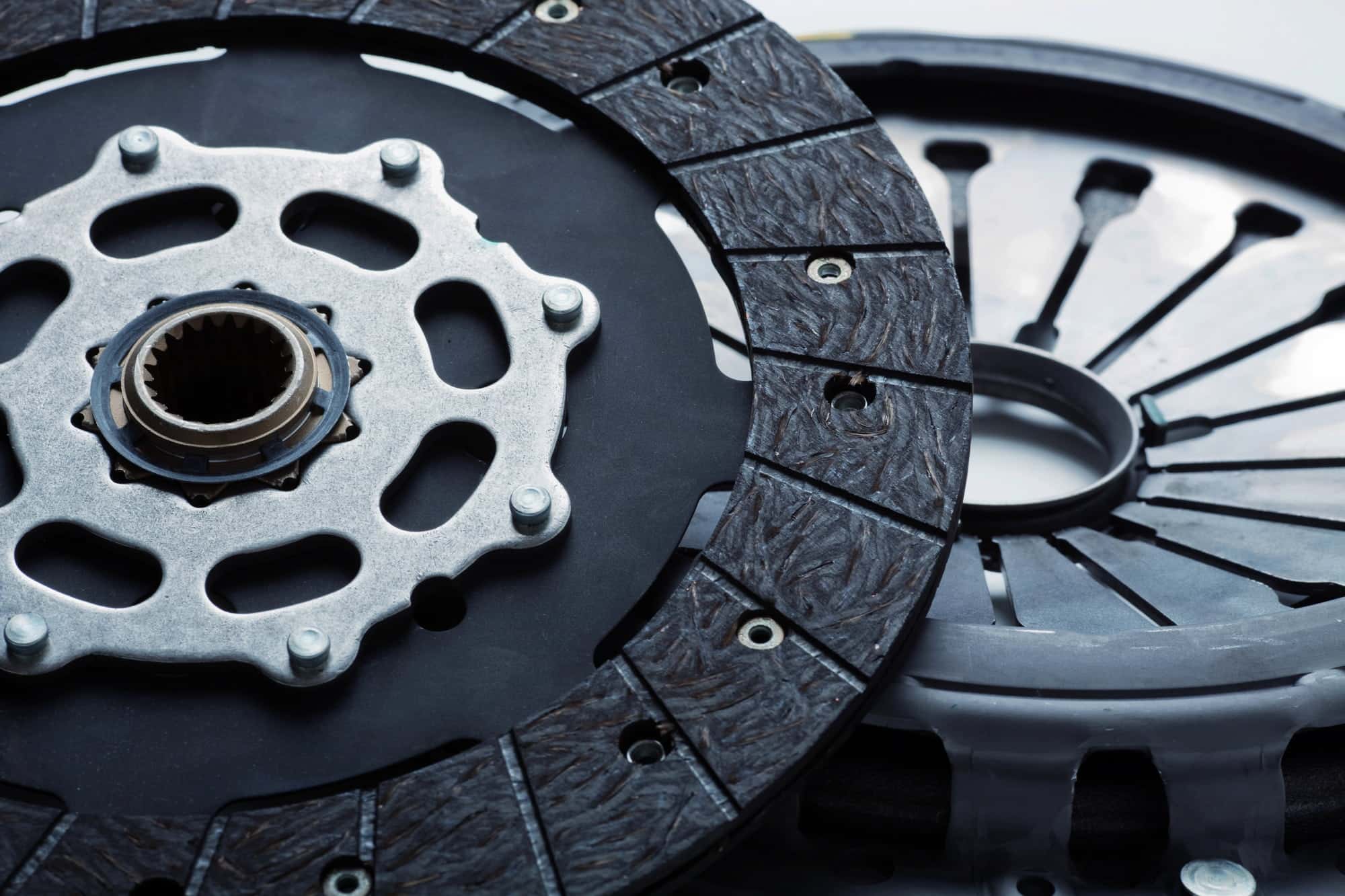Close-up of automotive clutch disc and pressure plate