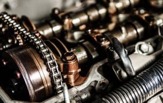 Close-up of engine timing chain and camshaft