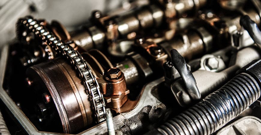 Close-up of engine timing chain and camshaft