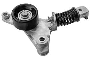 Automotive belt tensioner with pulley and spring