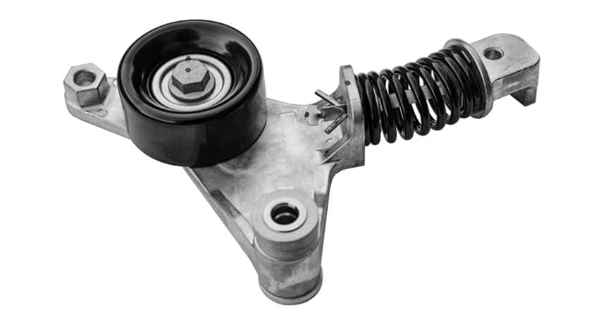 Automotive belt tensioner with pulley and spring