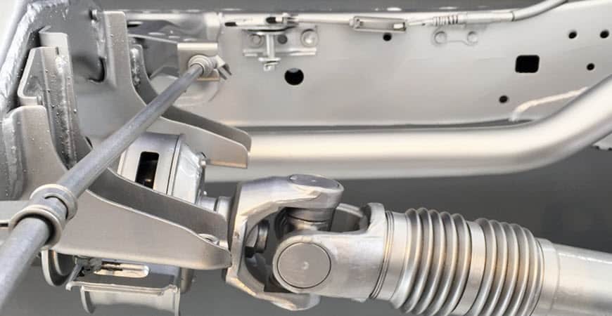 Close-up of vehicle steering shaft and universal joint