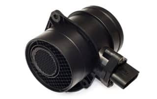 Black automotive mass airflow sensor on white background