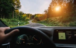 View from car driving on forest road at sunset