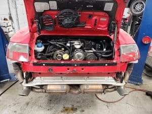 Rear view of red Porsche engine bay
