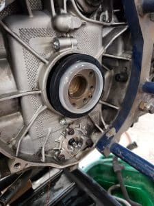 Close-up of engine oil filter housing