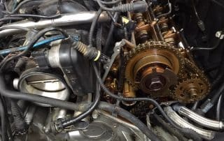 Exposed car engine timing chain and camshaft assembly