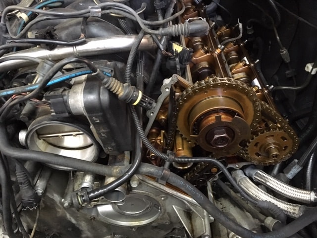 Exposed car engine timing chain and camshaft assembly