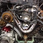Exposed car engine timing chain and cam gears