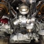Close-up of car engine timing components